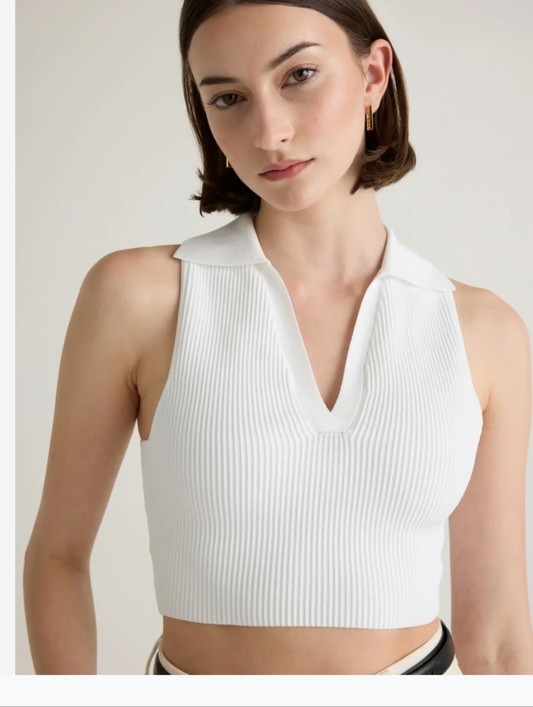 Quince White Ribbed V-Neck Polo Crop Top